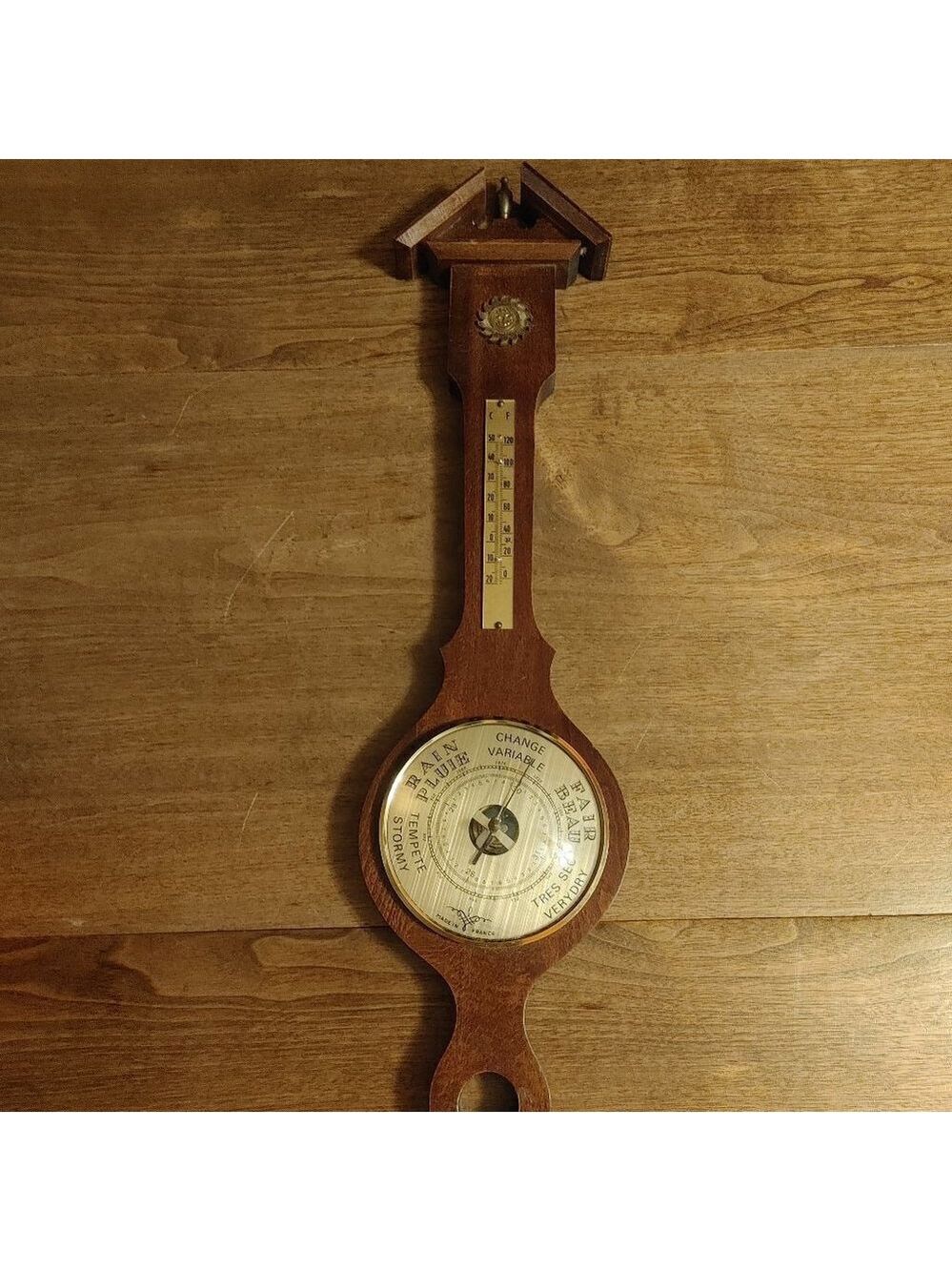ATTRACTIVE VINTAGE 26.25" Wall Hanging Wood Barometer Made in France Cabin Decor